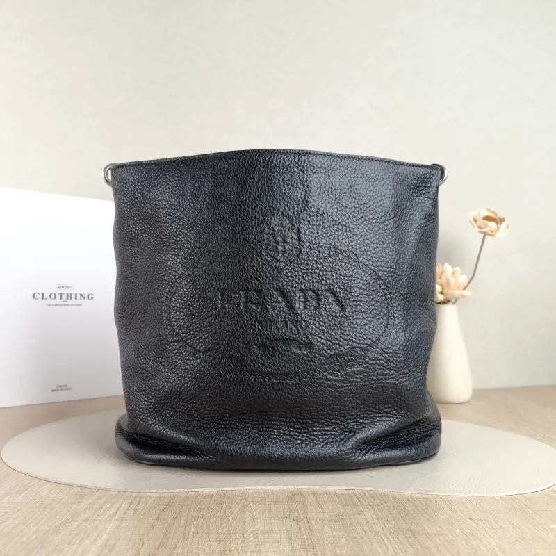 PRADA Shoulder Bag Bucket Bag Black Calfskin One Size 28 × 15 × 27 cm