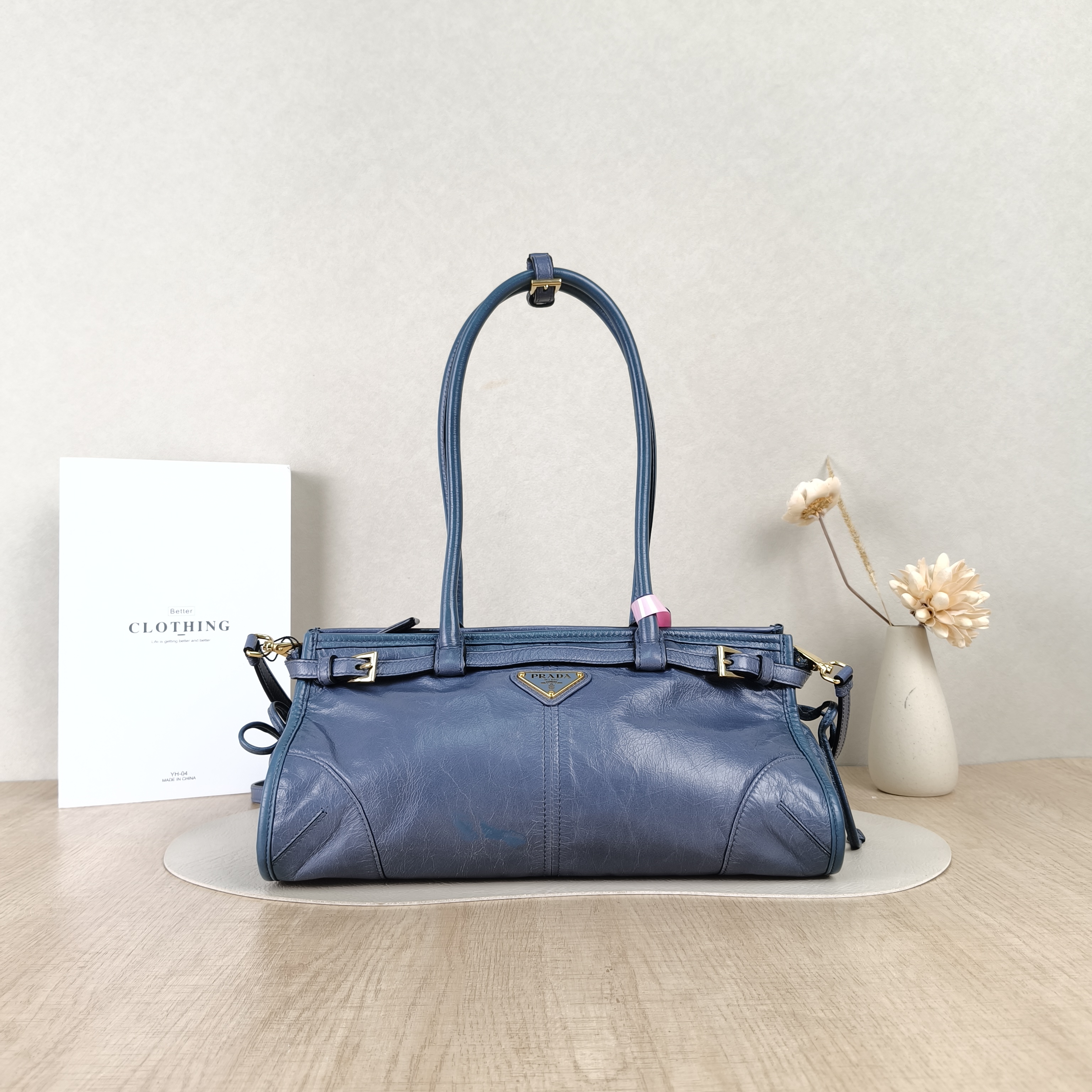 PRADA Shoulder Bag Bonnie Soft Lux Blue Waxed Leather Medium32 × 12 × 15.5 cm