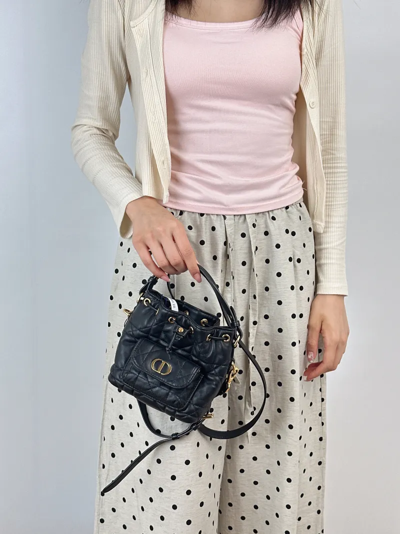 DIOR Crossbody Bag Caro Bucket Bag Black Lambskinmini14 × 7 × 15 cm — on-model view 2 of 3