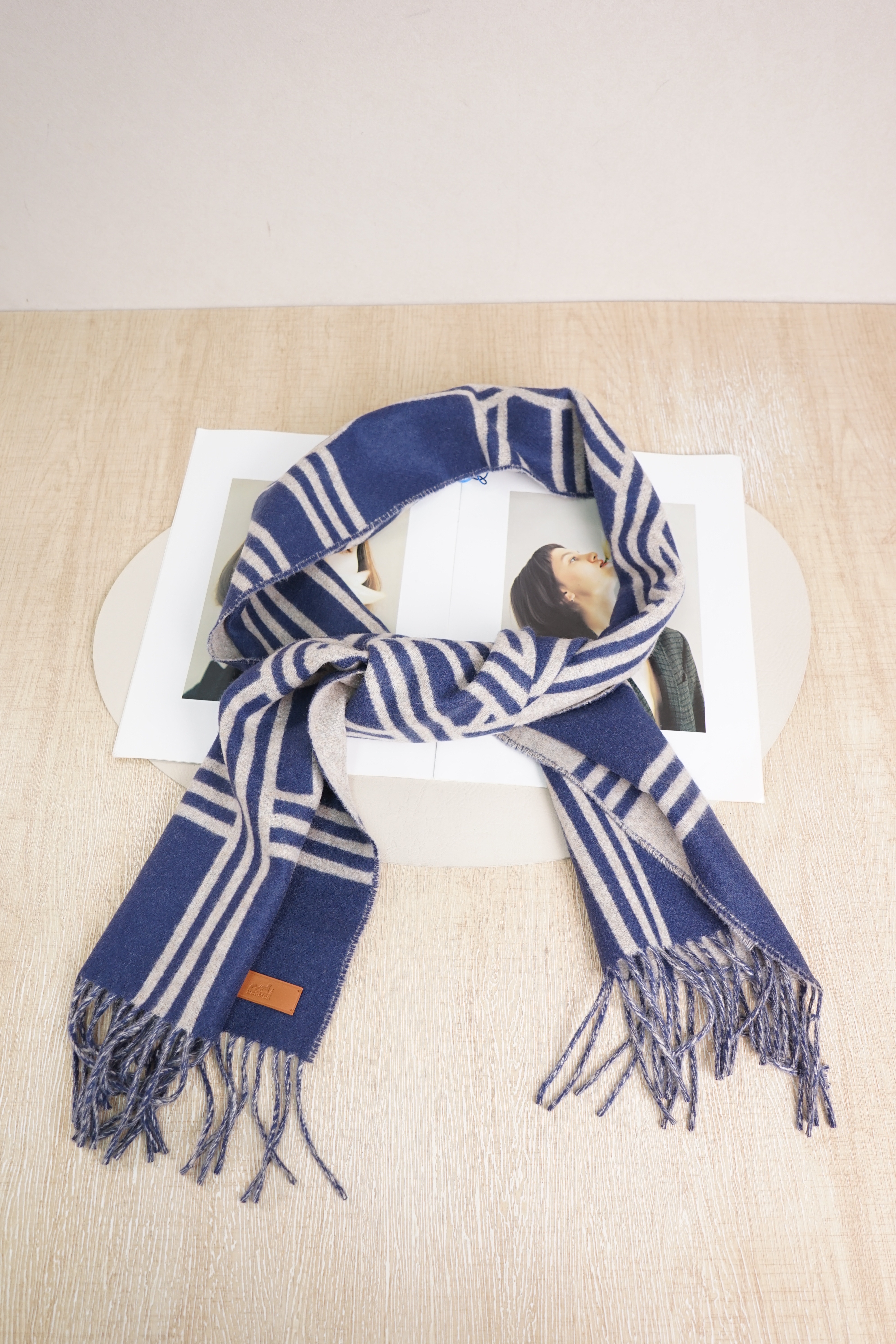 Hermès Scarf Blue Beige Cashmere 30*160