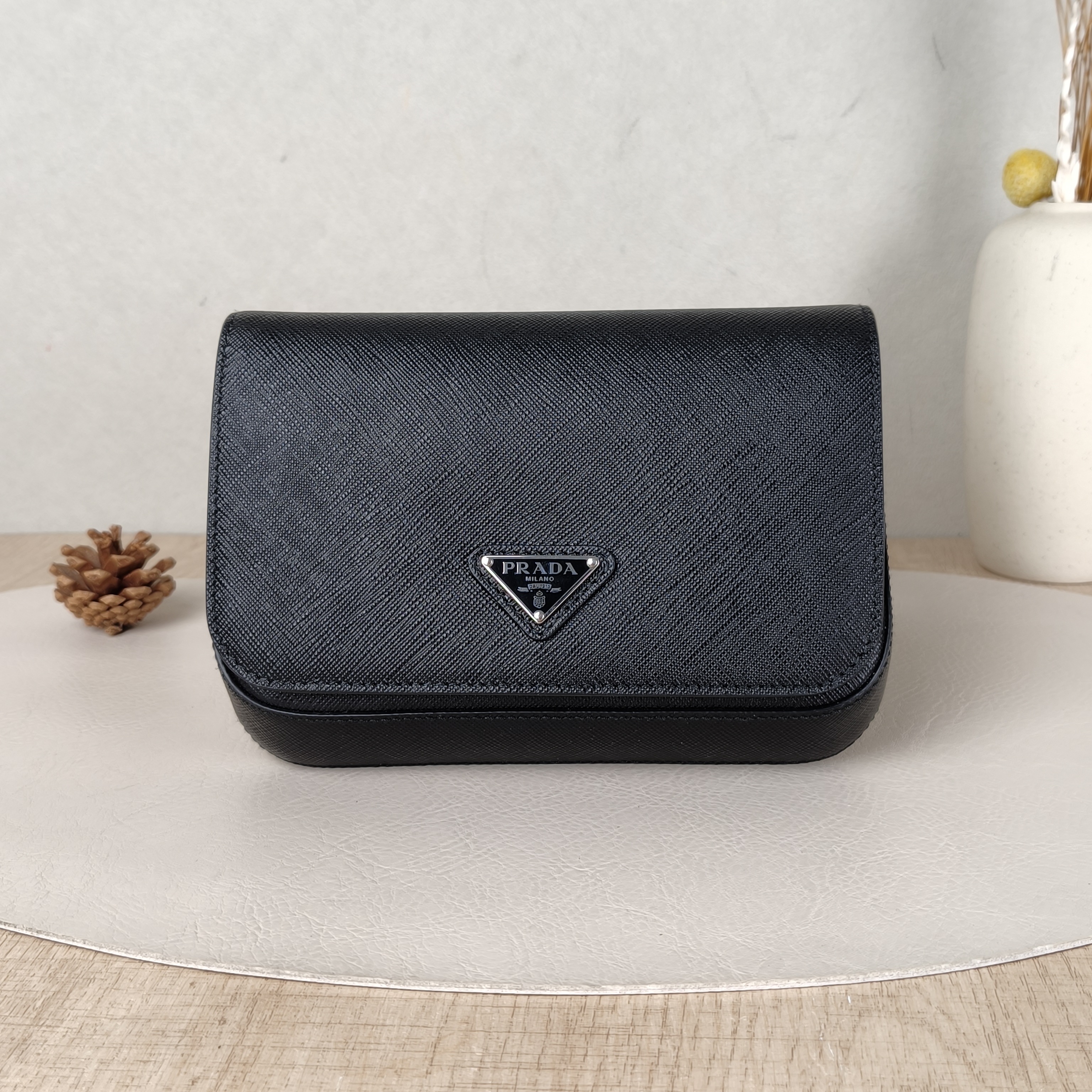 PRADA Crossbody Bag Saffiano Travel Crossbody Bag Black Calfskin 18 × 3 × 12 cm