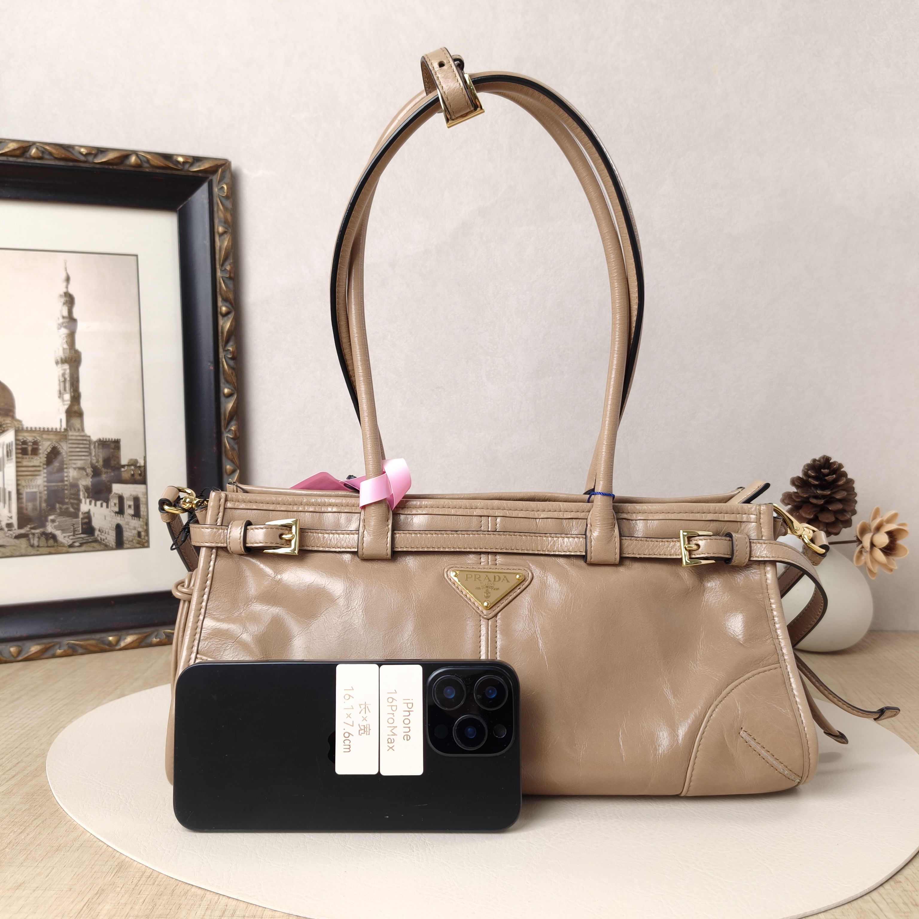 PRADA Shoulder Bag Bonnie Taupe Calfskin Medium32 × 12 × 15.5 cm — cover view 11 of 11