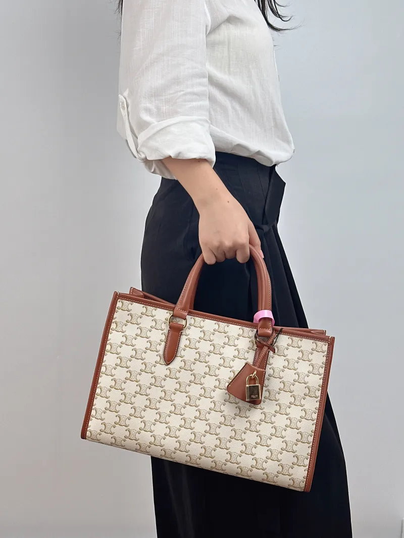 CELINE Top Handle Bag Horizontal Cabas Shopping Tote Beige PVC Mini 34 × 12 × 22.5 cm — on-model view 2 of 2