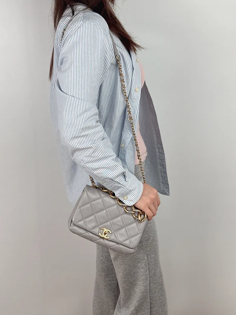 Chanel Crossbody Bag Grey Lambskin One Size 20 × 9 × 13.5 cm — on-model view 2 of 3
