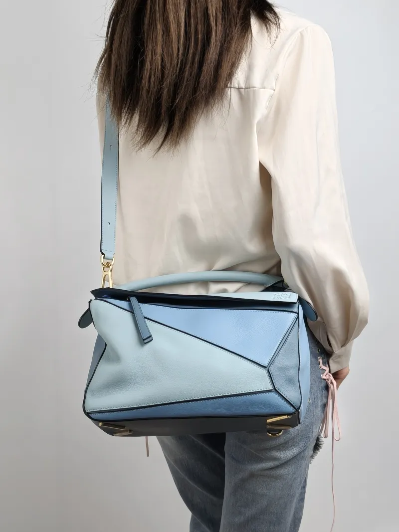 LOEWE Crossbody Bag Puzzle Blue Calfskin Medium 29 × 14 × 19.5 cm — on-model view 2 of 2
